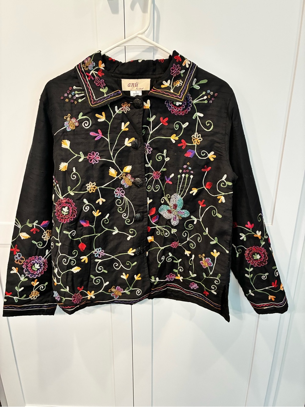 Anu Black Embroidered Floral Pea Coat